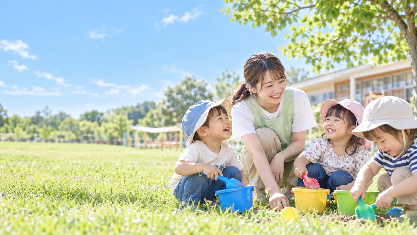 はらっぱで保育士とバケツやスコップであそぶ子どもたち