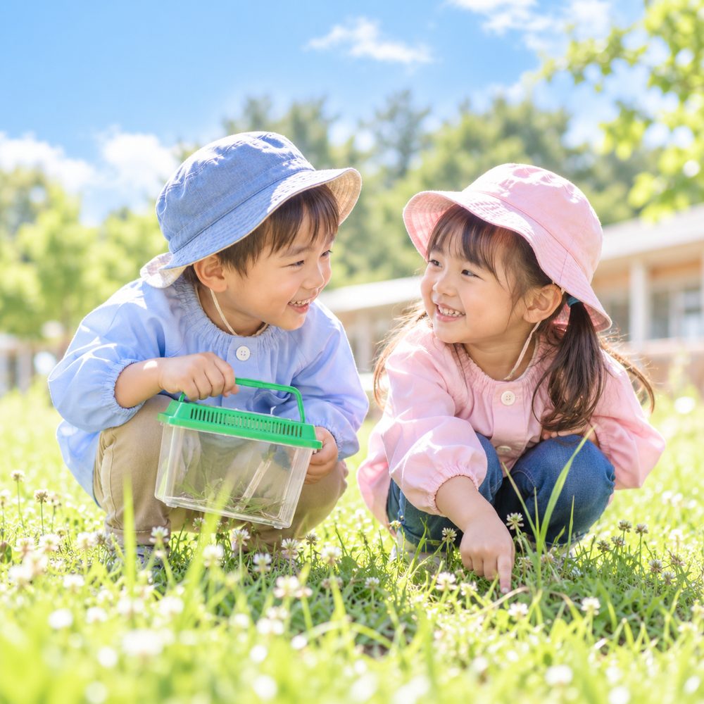 虫かごを持って草むらをのぞきこむ子どもたち