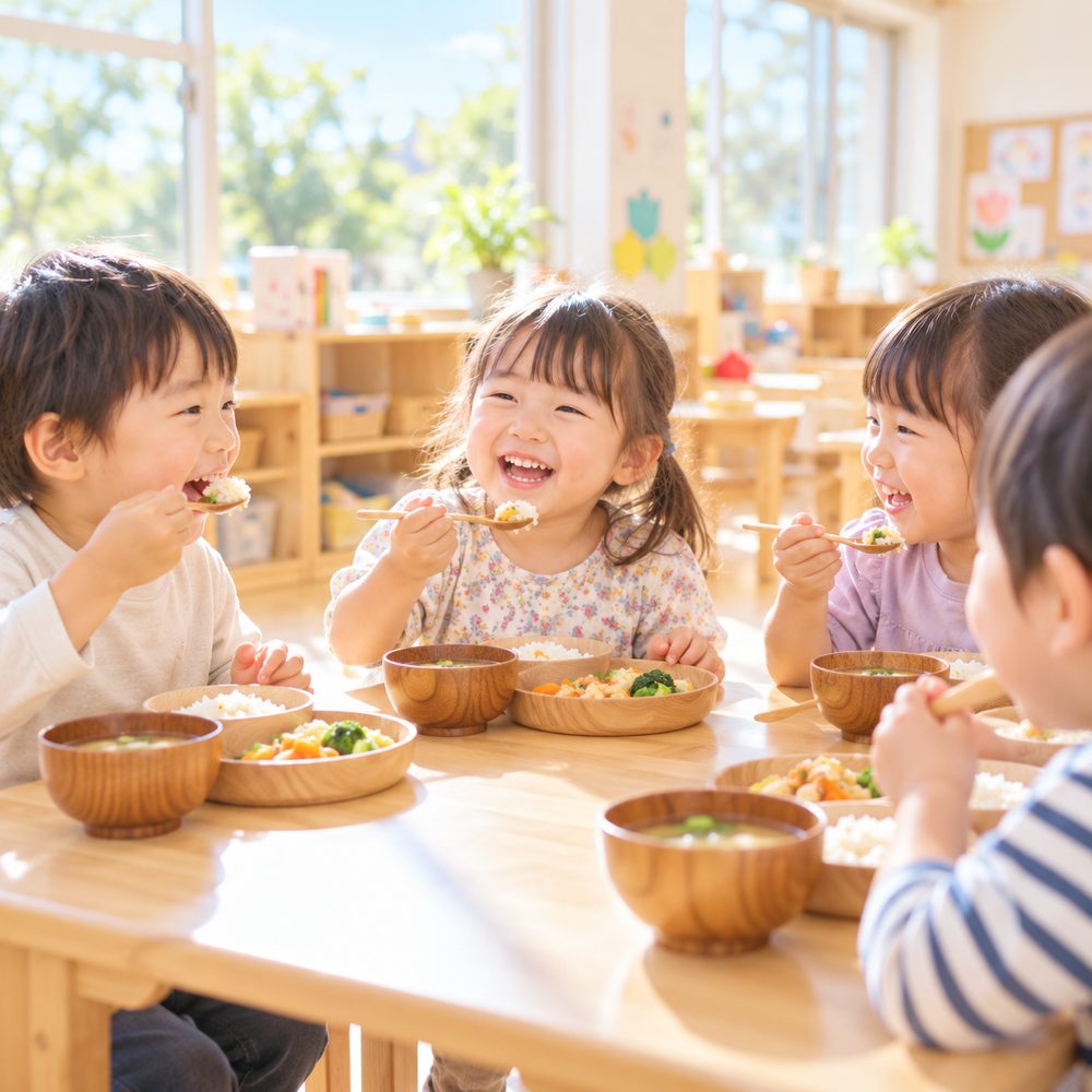給食をおいしそうに食べる子どもたち