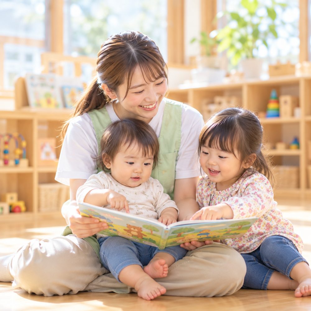 保育士が2人の子どもに絵本を読み聞かせている様子